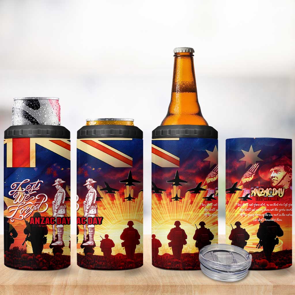 Australia ANZAC Day 4 in 1 Can Cooler Tumbler Let We Forget - Tribute Art with Soldiers and Poppies