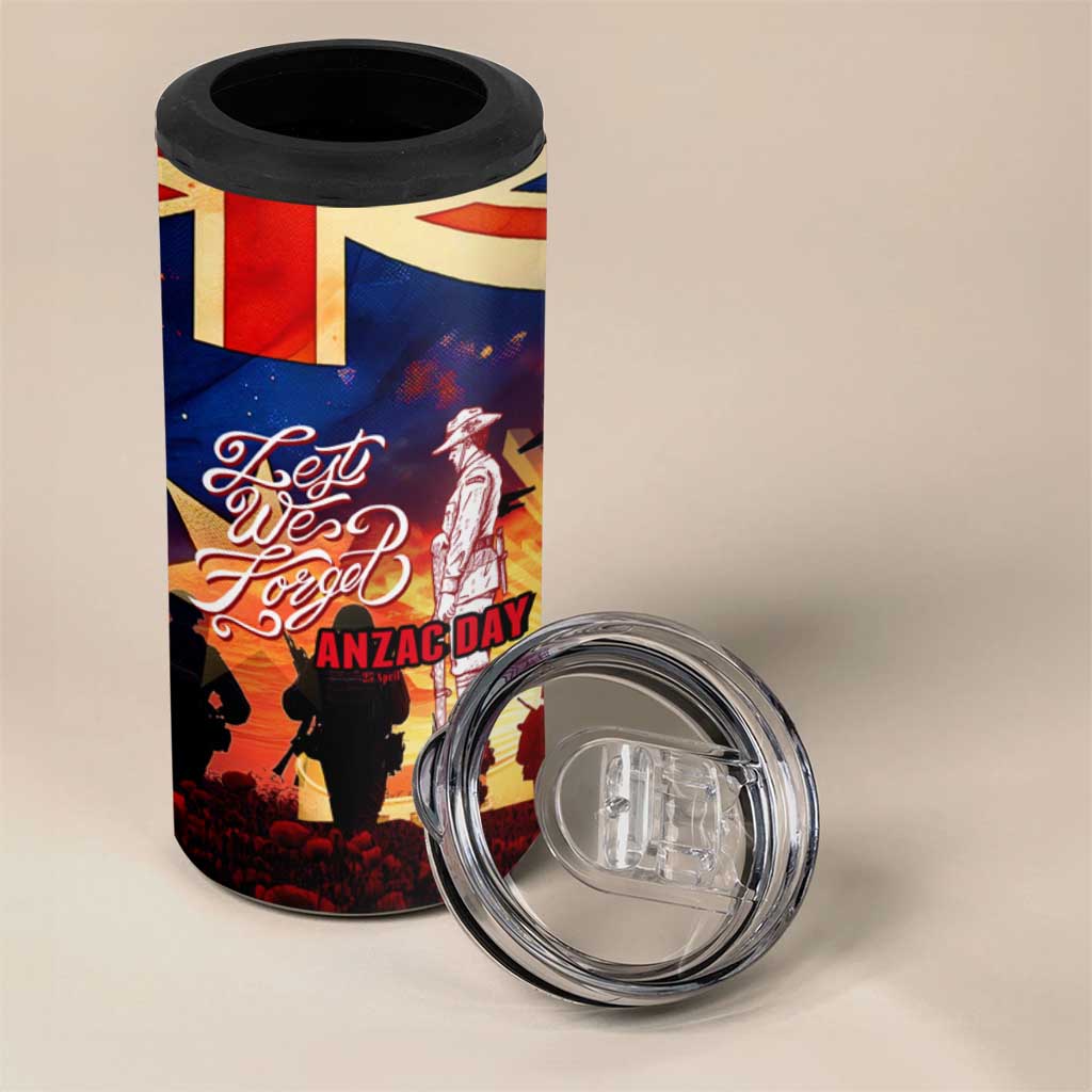 Australia ANZAC Day 4 in 1 Can Cooler Tumbler Let We Forget - Tribute Art with Soldiers and Poppies
