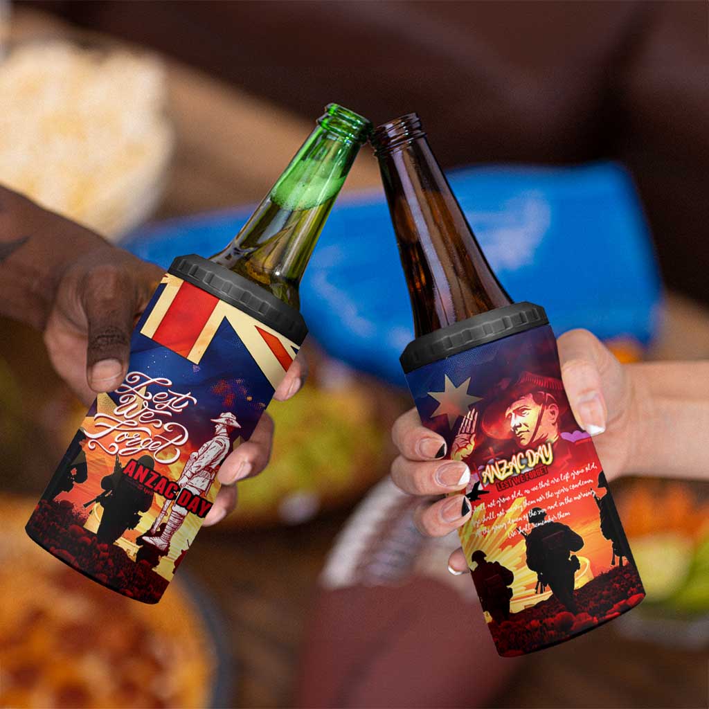 Australia ANZAC Day 4 in 1 Can Cooler Tumbler Let We Forget - Tribute Art with Soldiers and Poppies