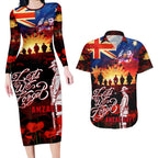 Australia ANZAC Day Couples Matching Long Sleeve Bodycon Dress and Hawaiian Shirt Let We Forget - Tribute Art with Soldiers and Poppies