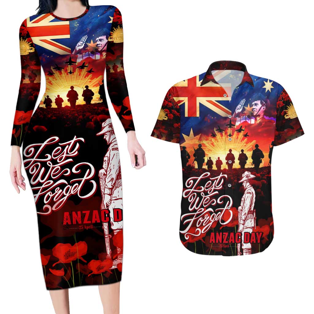 Australia ANZAC Day Couples Matching Long Sleeve Bodycon Dress and Hawaiian Shirt Let We Forget - Tribute Art with Soldiers and Poppies