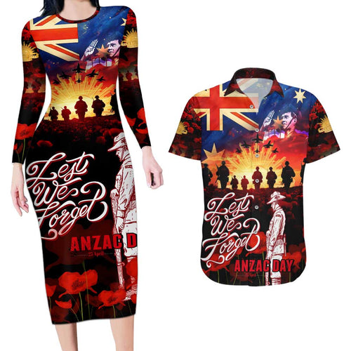 Australia ANZAC Day Couples Matching Long Sleeve Bodycon Dress and Hawaiian Shirt Let We Forget - Tribute Art with Soldiers and Poppies