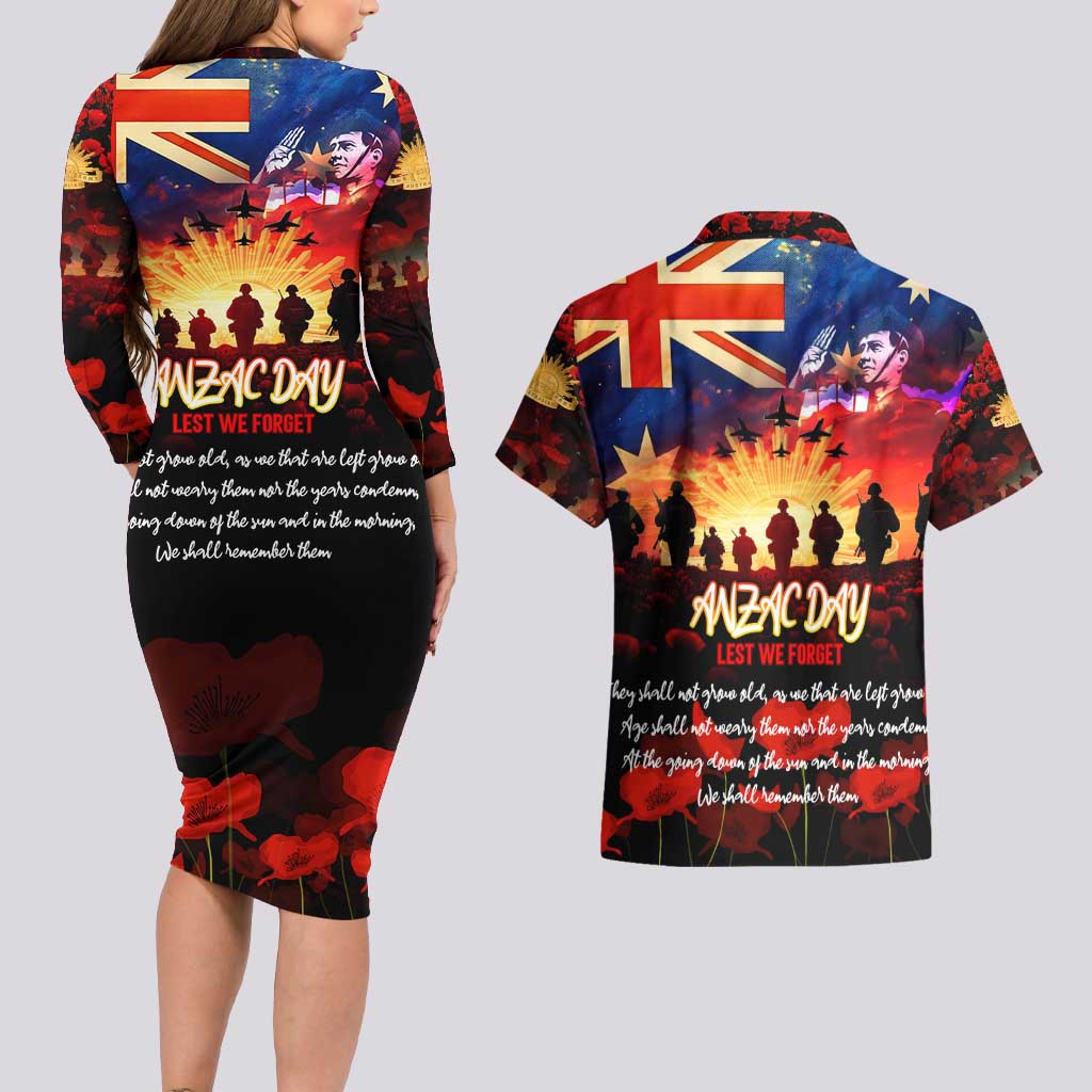 Australia ANZAC Day Couples Matching Long Sleeve Bodycon Dress and Hawaiian Shirt Let We Forget - Tribute Art with Soldiers and Poppies