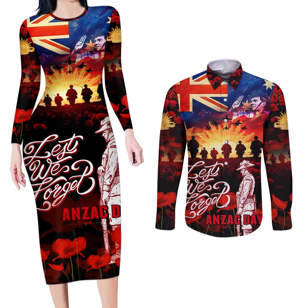 Australia ANZAC Day Couples Matching Long Sleeve Bodycon Dress and Long Sleeve Button Shirt Let We Forget - Tribute Art with Soldiers and Poppies