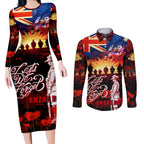 Australia ANZAC Day Couples Matching Long Sleeve Bodycon Dress and Long Sleeve Button Shirt Let We Forget - Tribute Art with Soldiers and Poppies