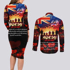 Australia ANZAC Day Couples Matching Long Sleeve Bodycon Dress and Long Sleeve Button Shirt Let We Forget - Tribute Art with Soldiers and Poppies