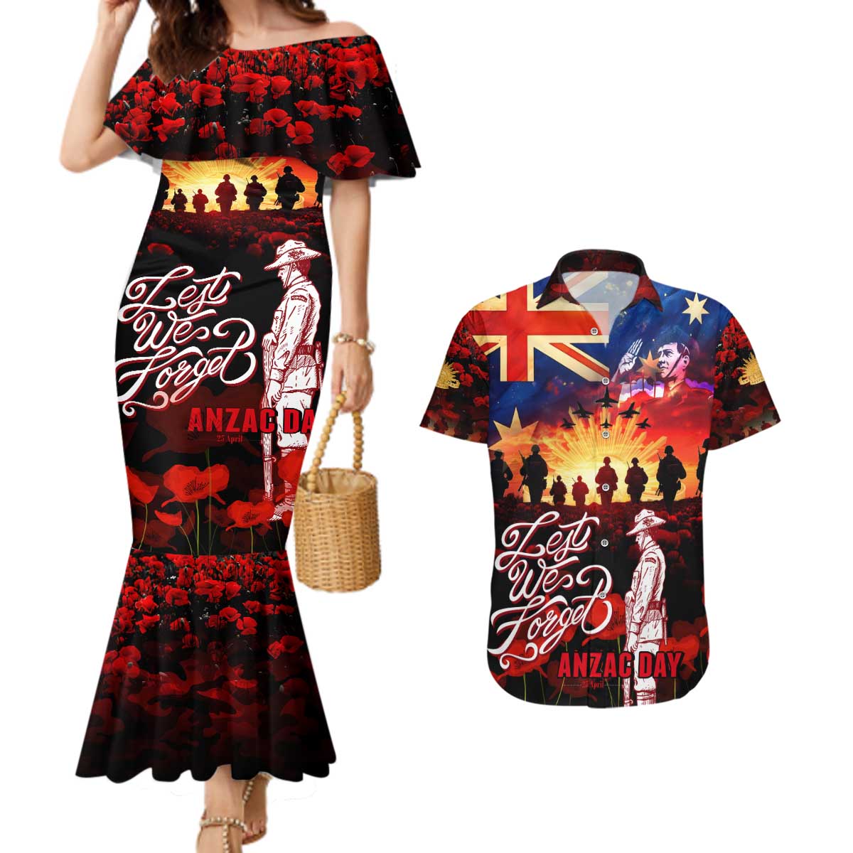 Australia ANZAC Day Couples Matching Mermaid Dress and Hawaiian Shirt Let We Forget - Tribute Art with Soldiers and Poppies