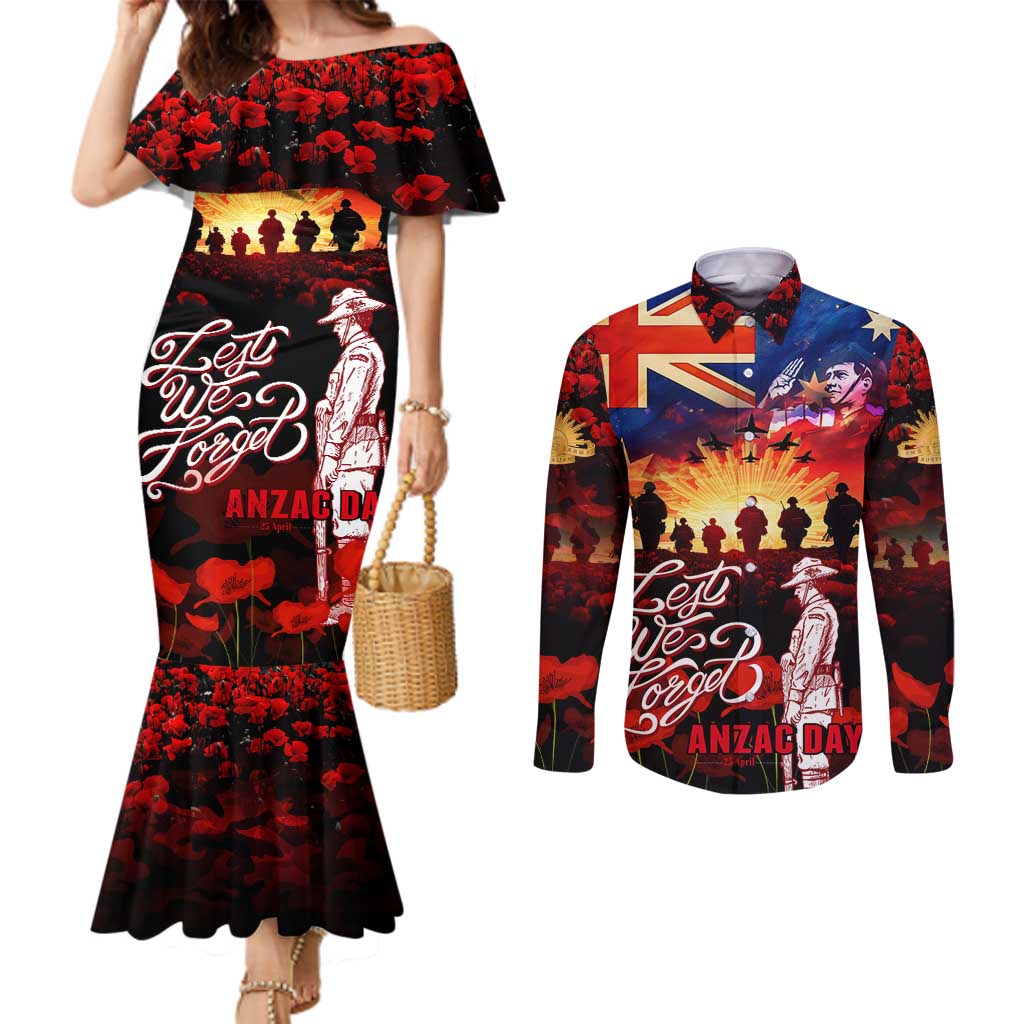 Australia ANZAC Day Couples Matching Mermaid Dress and Long Sleeve Button Shirt Let We Forget - Tribute Art with Soldiers and Poppies