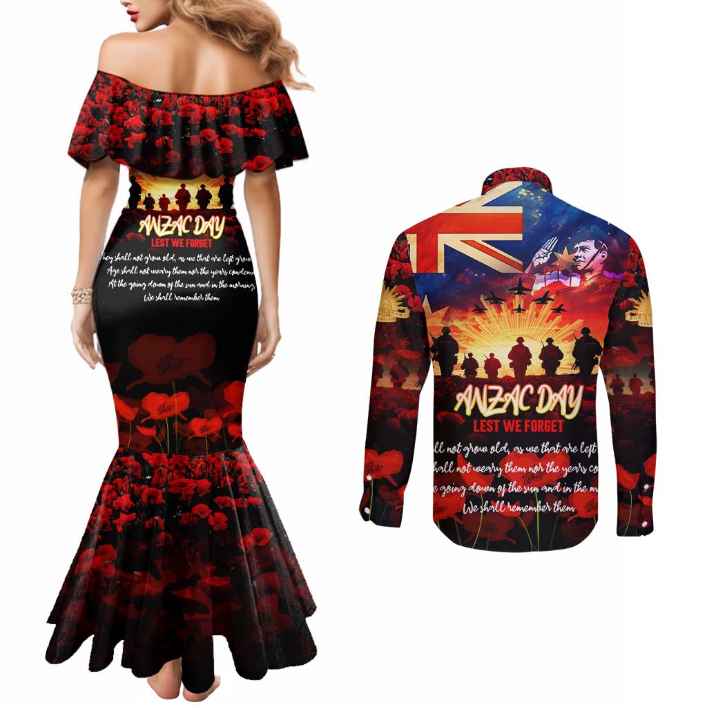 Australia ANZAC Day Couples Matching Mermaid Dress and Long Sleeve Button Shirt Let We Forget - Tribute Art with Soldiers and Poppies