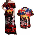 Australia ANZAC Day Couples Matching Off Shoulder Maxi Dress and Hawaiian Shirt Let We Forget - Tribute Art with Soldiers and Poppies