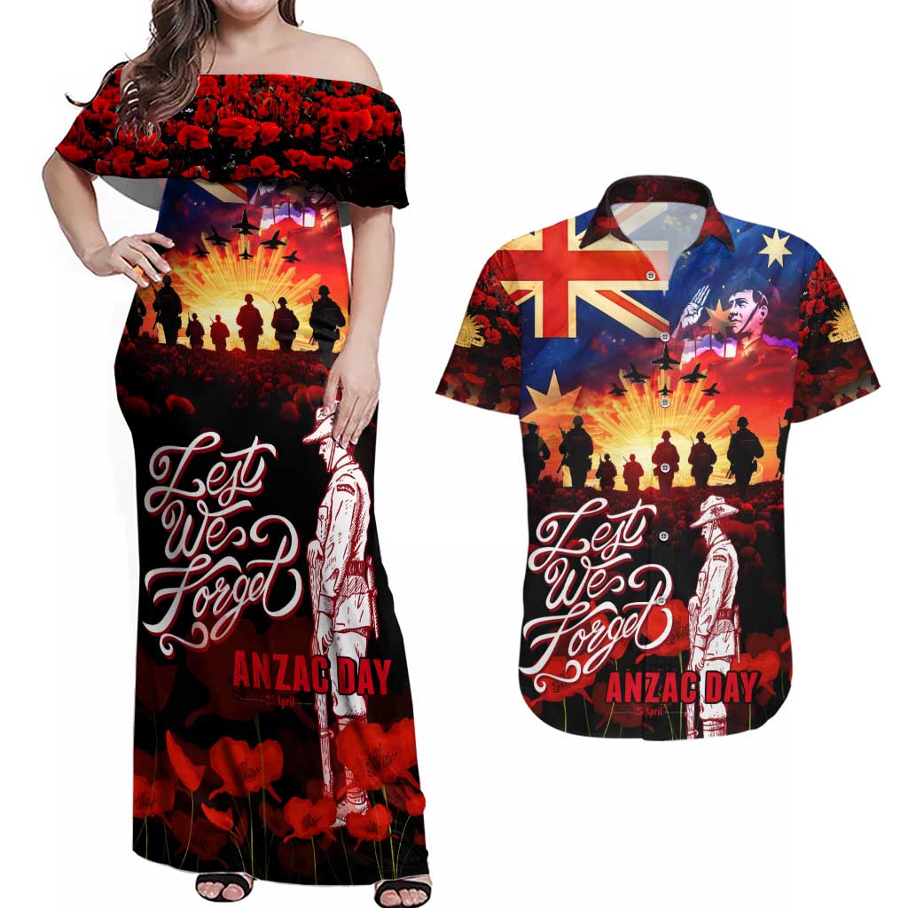 Australia ANZAC Day Couples Matching Off Shoulder Maxi Dress and Hawaiian Shirt Let We Forget - Tribute Art with Soldiers and Poppies