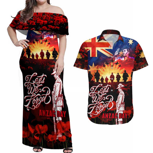 Australia ANZAC Day Couples Matching Off Shoulder Maxi Dress and Hawaiian Shirt Let We Forget - Tribute Art with Soldiers and Poppies