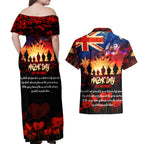 Australia ANZAC Day Couples Matching Off Shoulder Maxi Dress and Hawaiian Shirt Let We Forget - Tribute Art with Soldiers and Poppies