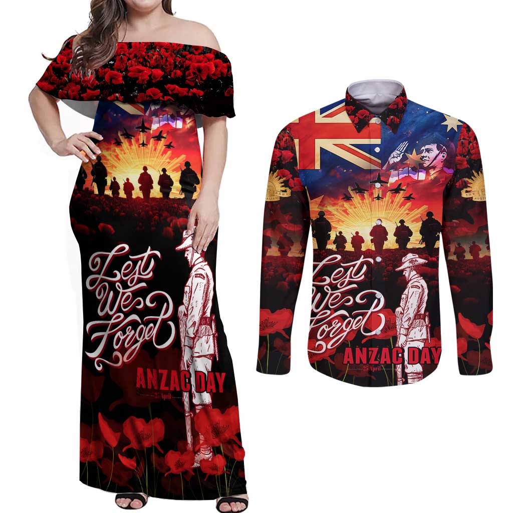 Australia ANZAC Day Couples Matching Off Shoulder Maxi Dress and Long Sleeve Button Shirt Let We Forget - Tribute Art with Soldiers and Poppies