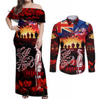 Australia ANZAC Day Couples Matching Off Shoulder Maxi Dress and Long Sleeve Button Shirt Let We Forget - Tribute Art with Soldiers and Poppies