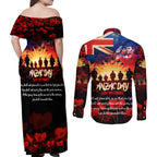 Australia ANZAC Day Couples Matching Off Shoulder Maxi Dress and Long Sleeve Button Shirt Let We Forget - Tribute Art with Soldiers and Poppies