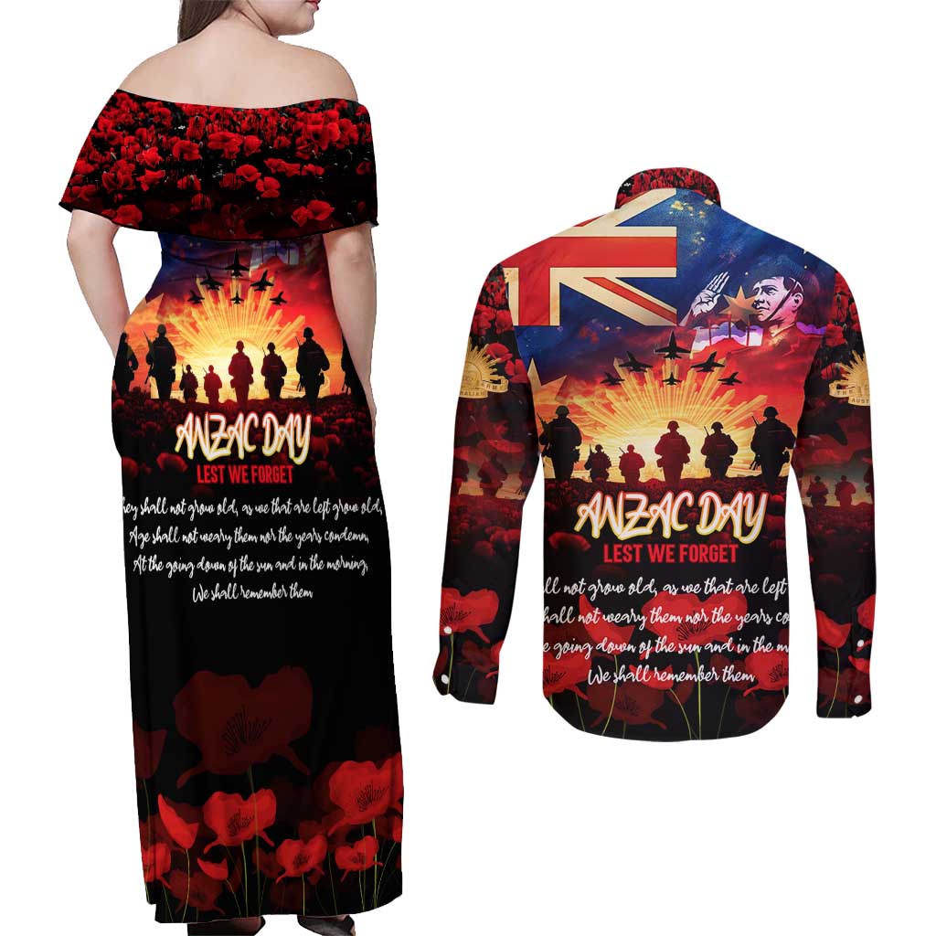 Australia ANZAC Day Couples Matching Off Shoulder Maxi Dress and Long Sleeve Button Shirt Let We Forget - Tribute Art with Soldiers and Poppies