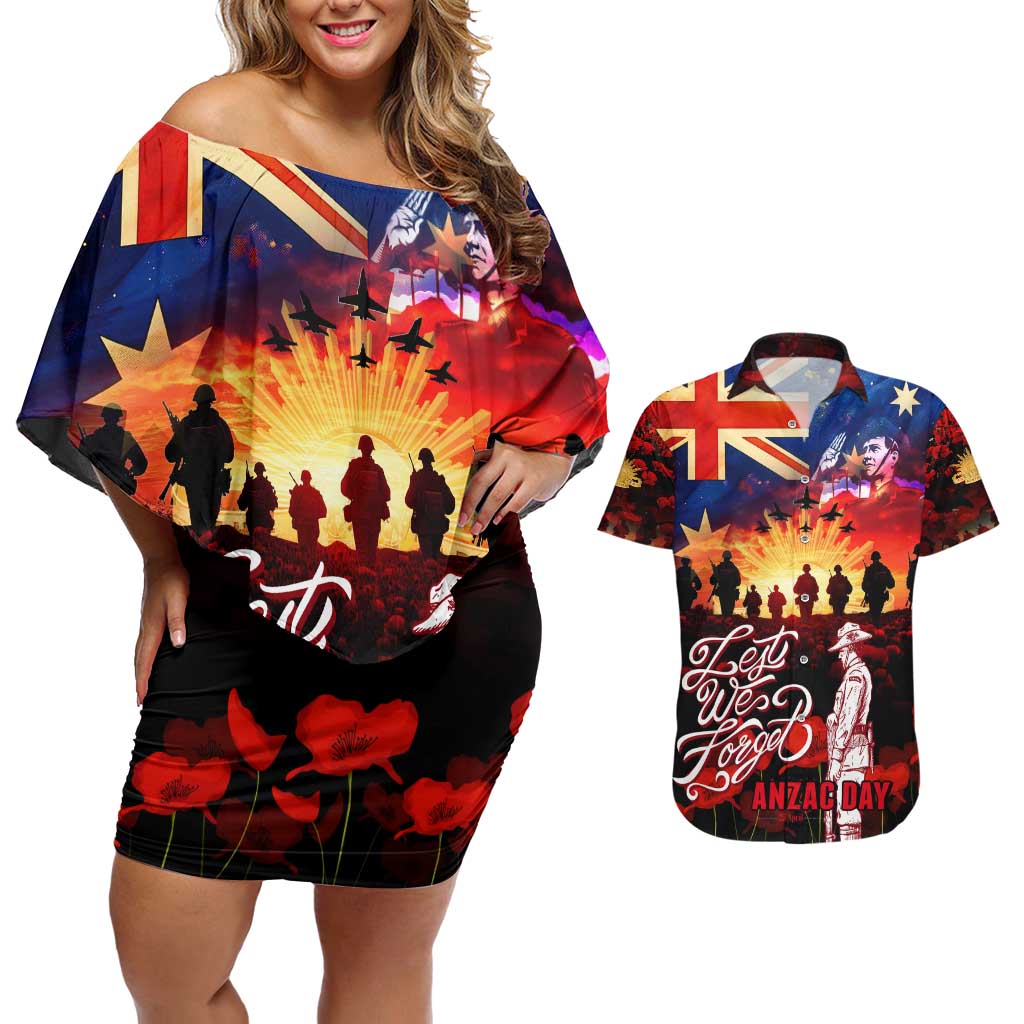Australia ANZAC Day Couples Matching Off Shoulder Short Dress and Hawaiian Shirt Let We Forget - Tribute Art with Soldiers and Poppies