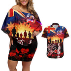 Australia ANZAC Day Couples Matching Off Shoulder Short Dress and Hawaiian Shirt Let We Forget - Tribute Art with Soldiers and Poppies