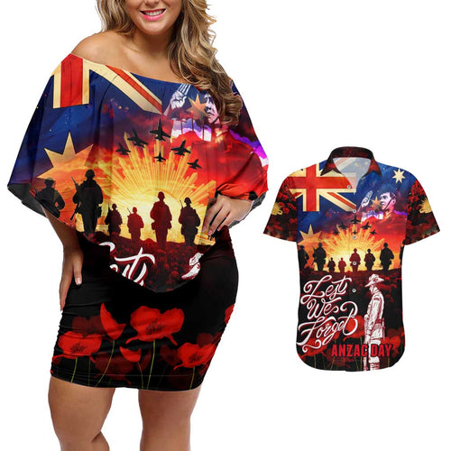 Australia ANZAC Day Couples Matching Off Shoulder Short Dress and Hawaiian Shirt Let We Forget - Tribute Art with Soldiers and Poppies