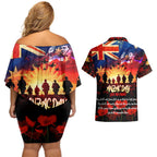 Australia ANZAC Day Couples Matching Off Shoulder Short Dress and Hawaiian Shirt Let We Forget - Tribute Art with Soldiers and Poppies