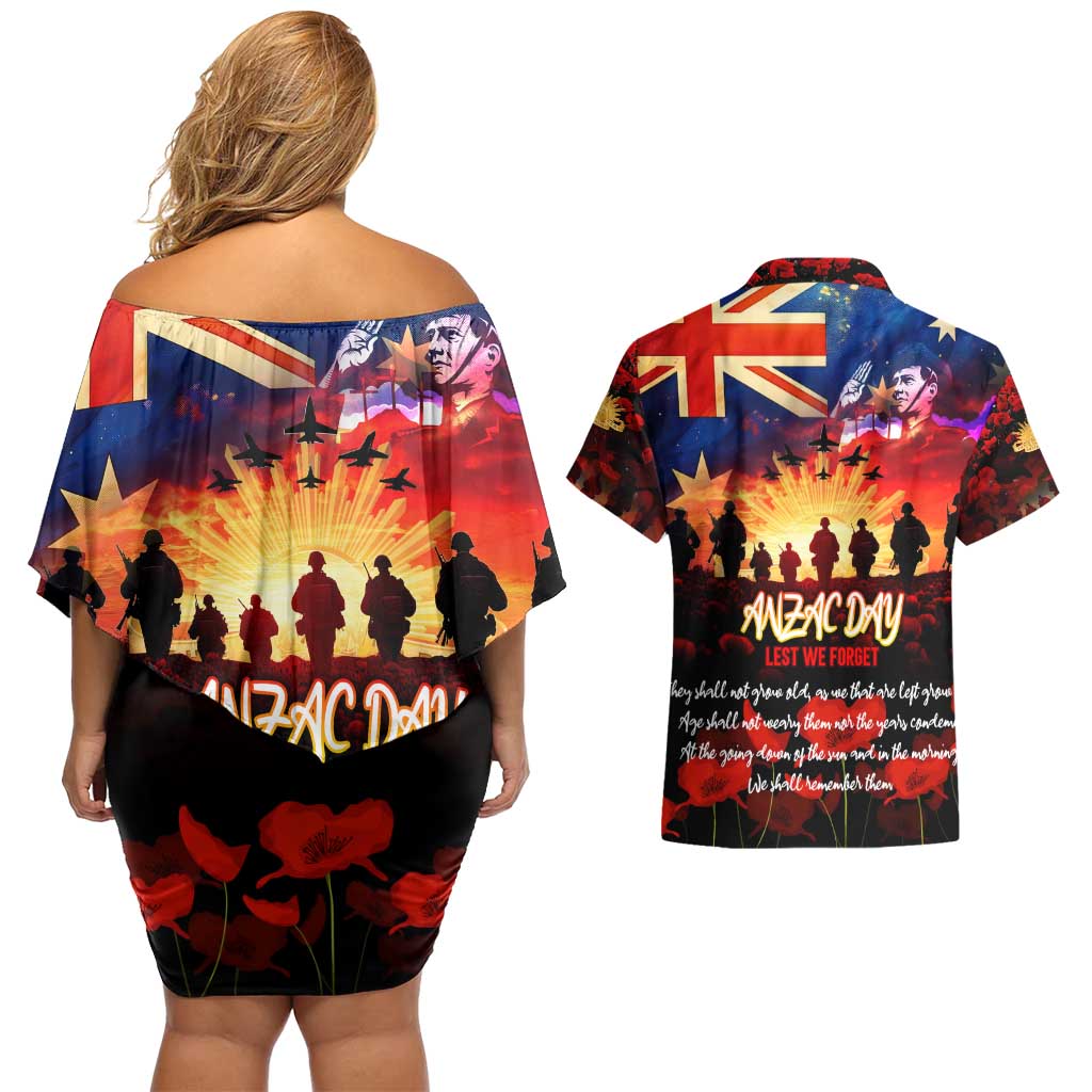 Australia ANZAC Day Couples Matching Off Shoulder Short Dress and Hawaiian Shirt Let We Forget - Tribute Art with Soldiers and Poppies