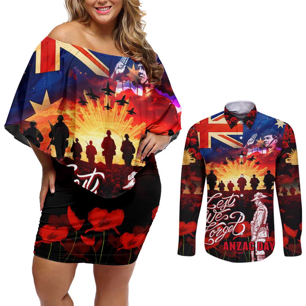 Australia ANZAC Day Couples Matching Off Shoulder Short Dress and Long Sleeve Button Shirt Let We Forget - Tribute Art with Soldiers and Poppies
