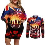Australia ANZAC Day Couples Matching Off Shoulder Short Dress and Long Sleeve Button Shirt Let We Forget - Tribute Art with Soldiers and Poppies