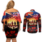Australia ANZAC Day Couples Matching Off Shoulder Short Dress and Long Sleeve Button Shirt Let We Forget - Tribute Art with Soldiers and Poppies