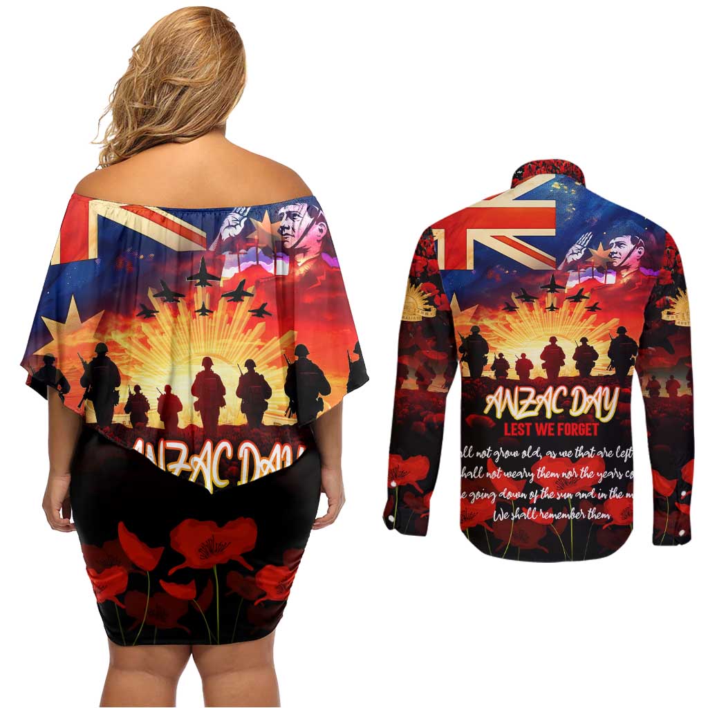 Australia ANZAC Day Couples Matching Off Shoulder Short Dress and Long Sleeve Button Shirt Let We Forget - Tribute Art with Soldiers and Poppies