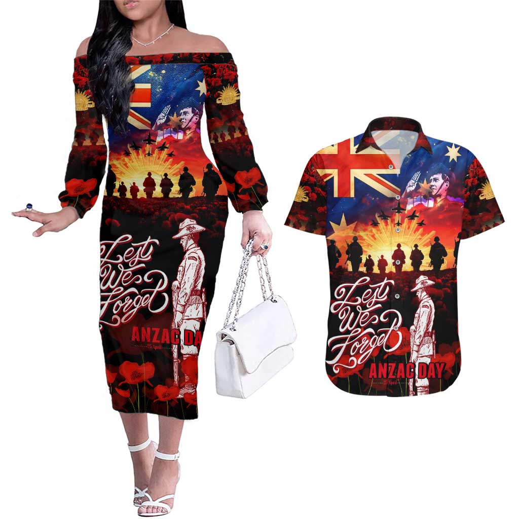 Australia ANZAC Day Couples Matching Off The Shoulder Long Sleeve Dress and Hawaiian Shirt Let We Forget - Tribute Art with Soldiers and Poppies