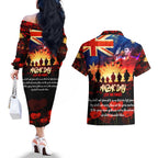 Australia ANZAC Day Couples Matching Off The Shoulder Long Sleeve Dress and Hawaiian Shirt Let We Forget - Tribute Art with Soldiers and Poppies