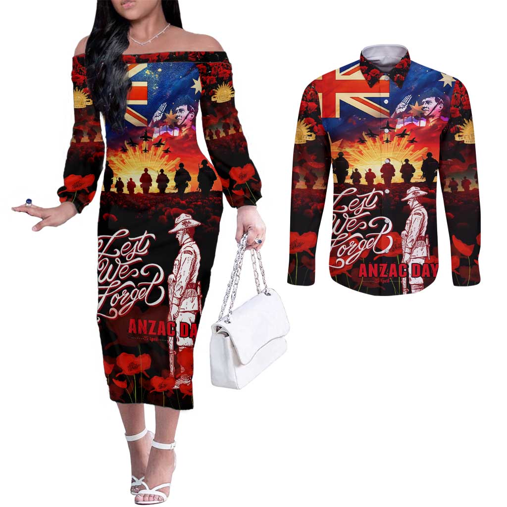 Australia ANZAC Day Couples Matching Off The Shoulder Long Sleeve Dress and Long Sleeve Button Shirt Let We Forget - Tribute Art with Soldiers and Poppies