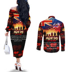 Australia ANZAC Day Couples Matching Off The Shoulder Long Sleeve Dress and Long Sleeve Button Shirt Let We Forget - Tribute Art with Soldiers and Poppies