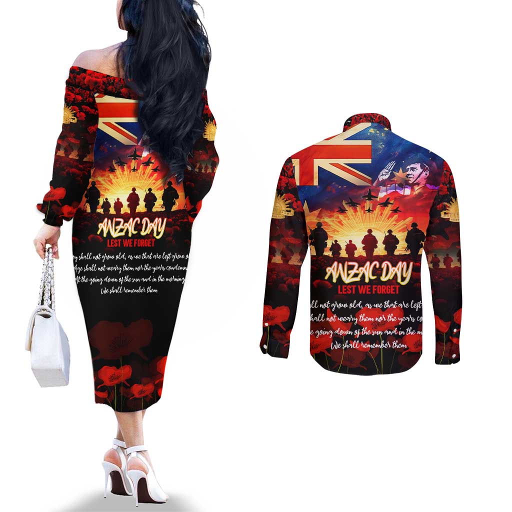 Australia ANZAC Day Couples Matching Off The Shoulder Long Sleeve Dress and Long Sleeve Button Shirt Let We Forget - Tribute Art with Soldiers and Poppies