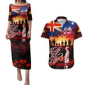 Australia ANZAC Day Couples Matching Puletasi and Hawaiian Shirt Let We Forget - Tribute Art with Soldiers and Poppies