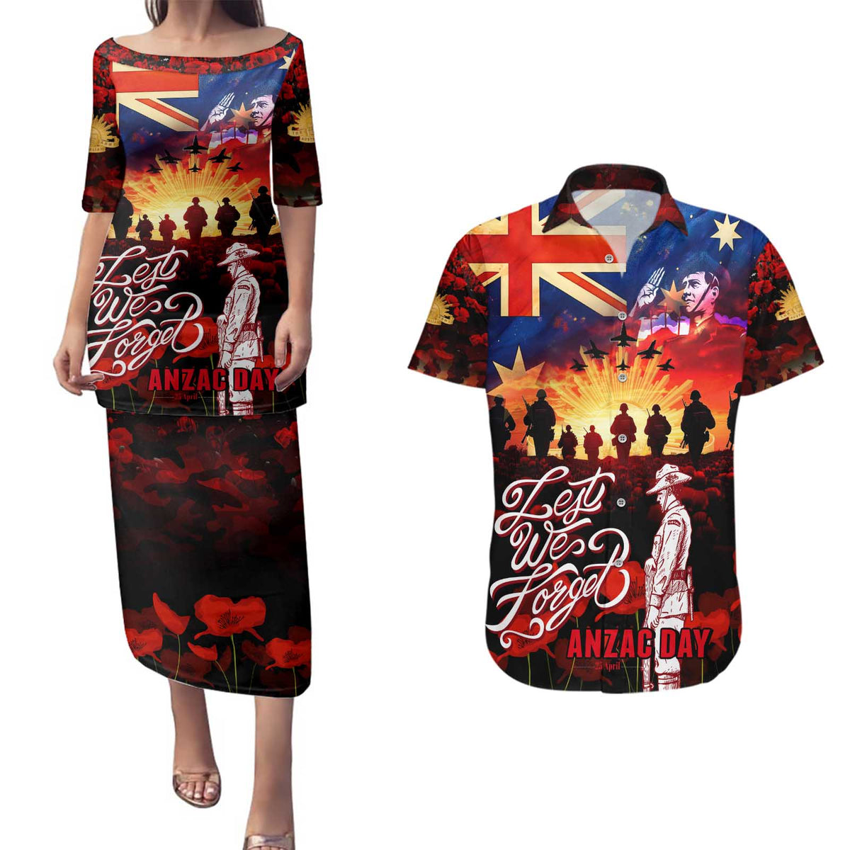 Australia ANZAC Day Couples Matching Puletasi and Hawaiian Shirt Let We Forget - Tribute Art with Soldiers and Poppies