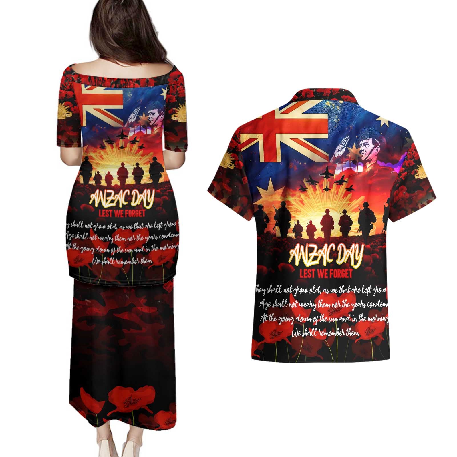 Australia ANZAC Day Couples Matching Puletasi and Hawaiian Shirt Let We Forget - Tribute Art with Soldiers and Poppies