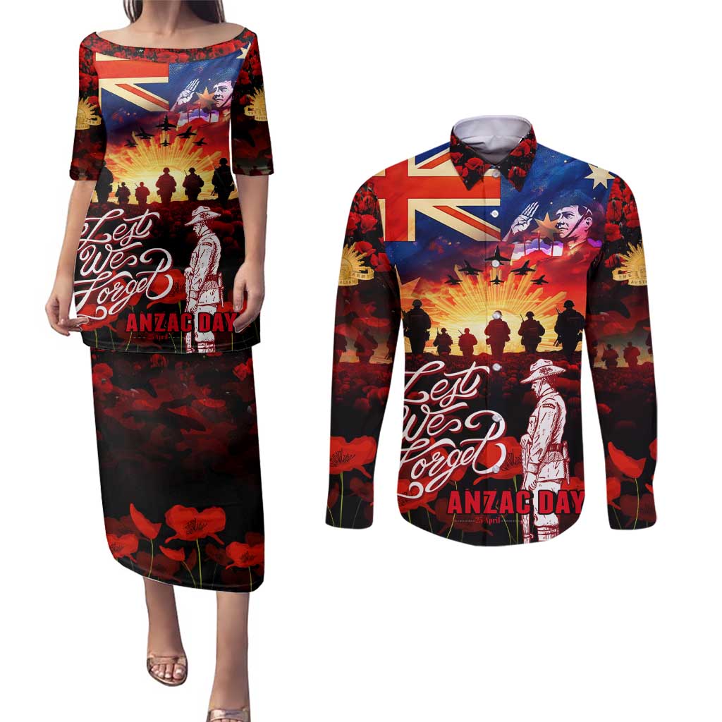 Australia ANZAC Day Couples Matching Puletasi and Long Sleeve Button Shirt Let We Forget - Tribute Art with Soldiers and Poppies