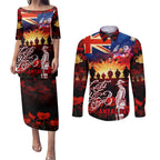 Australia ANZAC Day Couples Matching Puletasi and Long Sleeve Button Shirt Let We Forget - Tribute Art with Soldiers and Poppies
