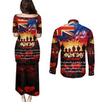 Australia ANZAC Day Couples Matching Puletasi and Long Sleeve Button Shirt Let We Forget - Tribute Art with Soldiers and Poppies
