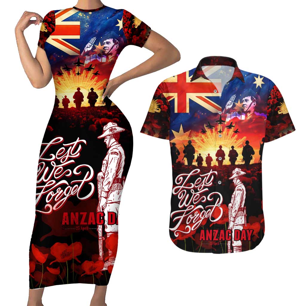 Australia ANZAC Day Couples Matching Short Sleeve Bodycon Dress and Hawaiian Shirt Let We Forget - Tribute Art with Soldiers and Poppies