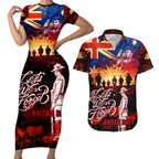 Australia ANZAC Day Couples Matching Short Sleeve Bodycon Dress and Hawaiian Shirt Let We Forget - Tribute Art with Soldiers and Poppies