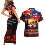 Australia ANZAC Day Couples Matching Short Sleeve Bodycon Dress and Hawaiian Shirt Let We Forget - Tribute Art with Soldiers and Poppies