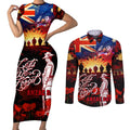 Australia ANZAC Day Couples Matching Short Sleeve Bodycon Dress and Long Sleeve Button Shirt Let We Forget - Tribute Art with Soldiers and Poppies