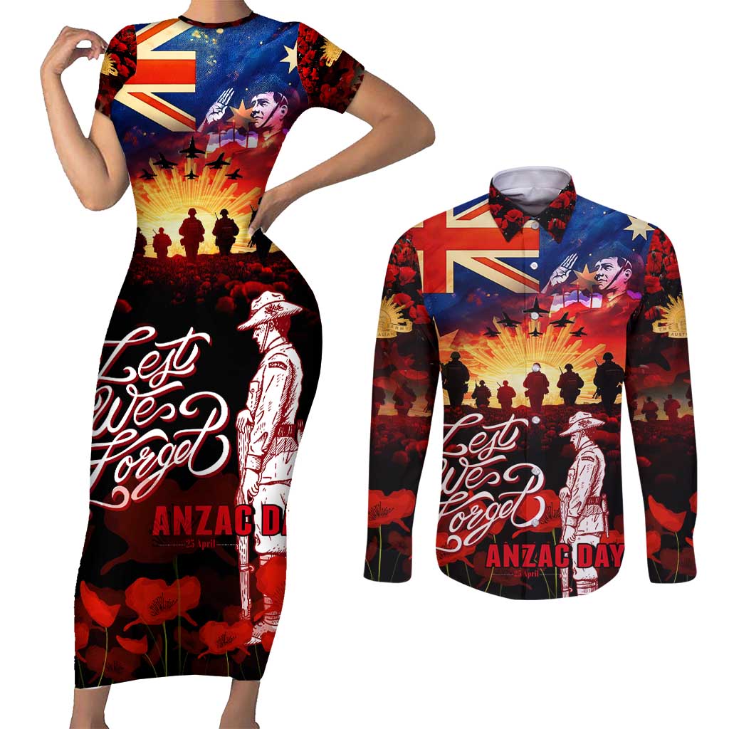 Australia ANZAC Day Couples Matching Short Sleeve Bodycon Dress and Long Sleeve Button Shirt Let We Forget - Tribute Art with Soldiers and Poppies