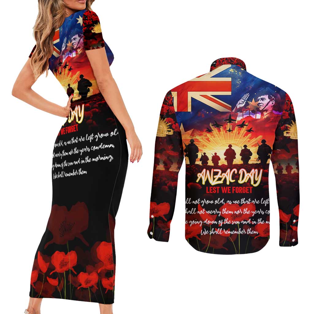 Australia ANZAC Day Couples Matching Short Sleeve Bodycon Dress and Long Sleeve Button Shirt Let We Forget - Tribute Art with Soldiers and Poppies