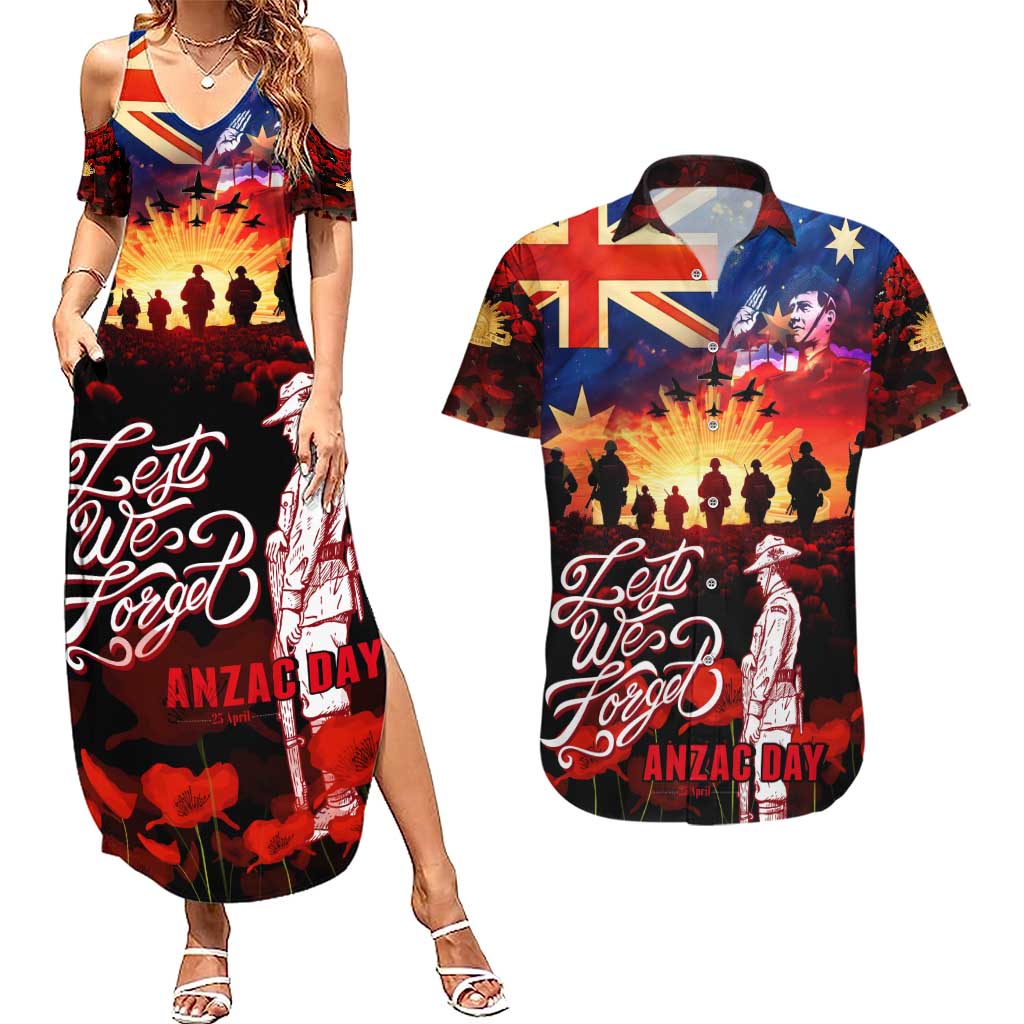 Australia ANZAC Day Couples Matching Summer Maxi Dress and Hawaiian Shirt Let We Forget - Tribute Art with Soldiers and Poppies
