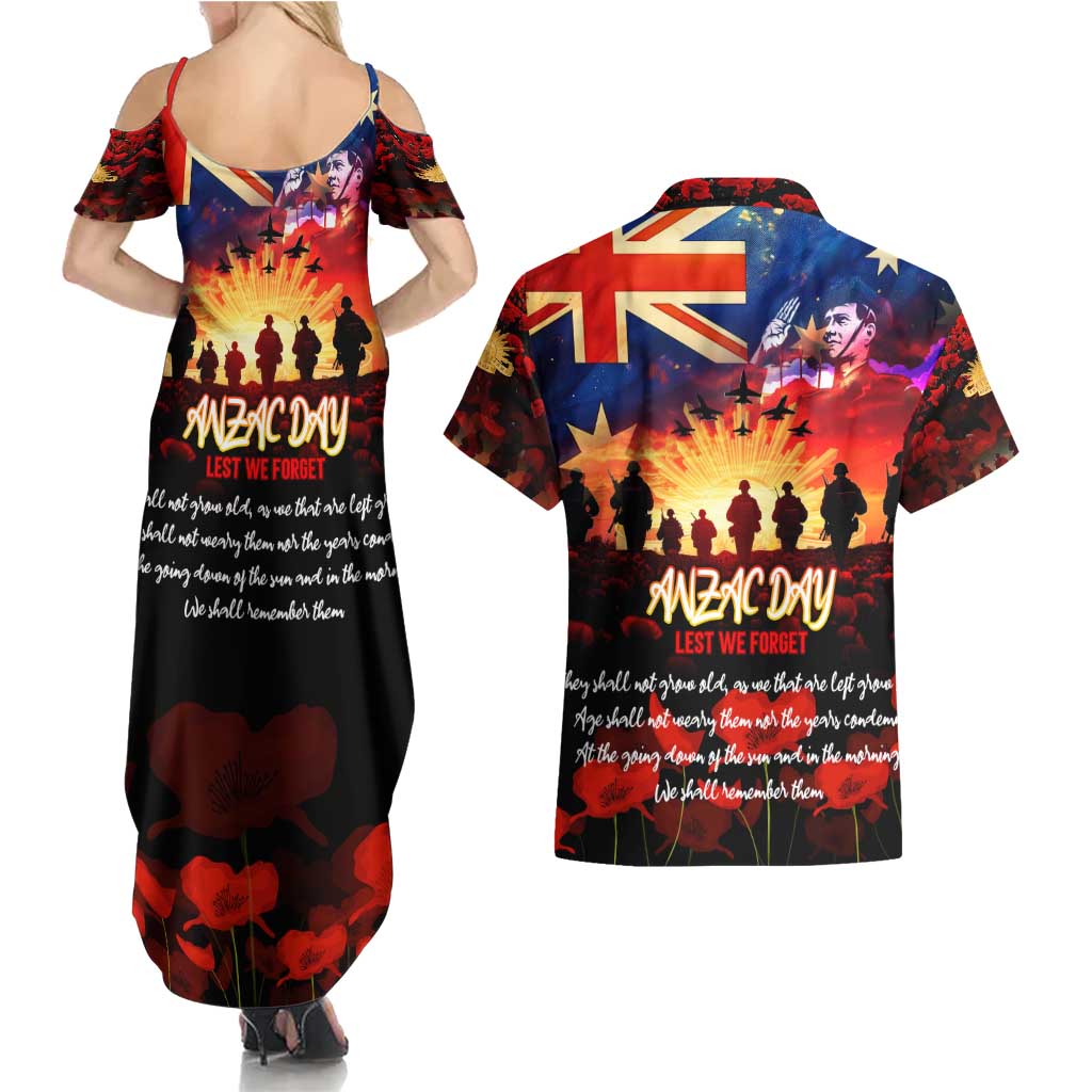 Australia ANZAC Day Couples Matching Summer Maxi Dress and Hawaiian Shirt Let We Forget - Tribute Art with Soldiers and Poppies