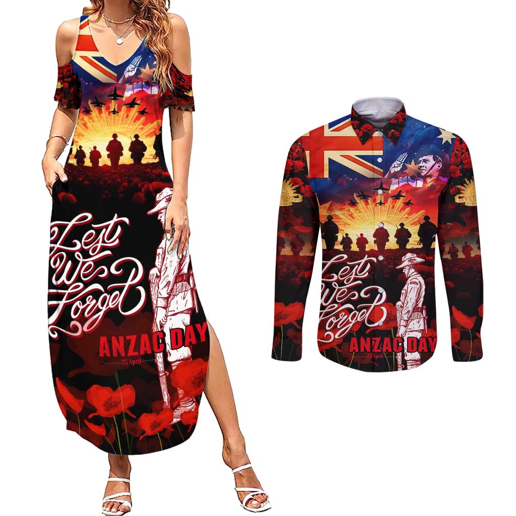 Australia ANZAC Day Couples Matching Summer Maxi Dress and Long Sleeve Button Shirt Let We Forget - Tribute Art with Soldiers and Poppies
